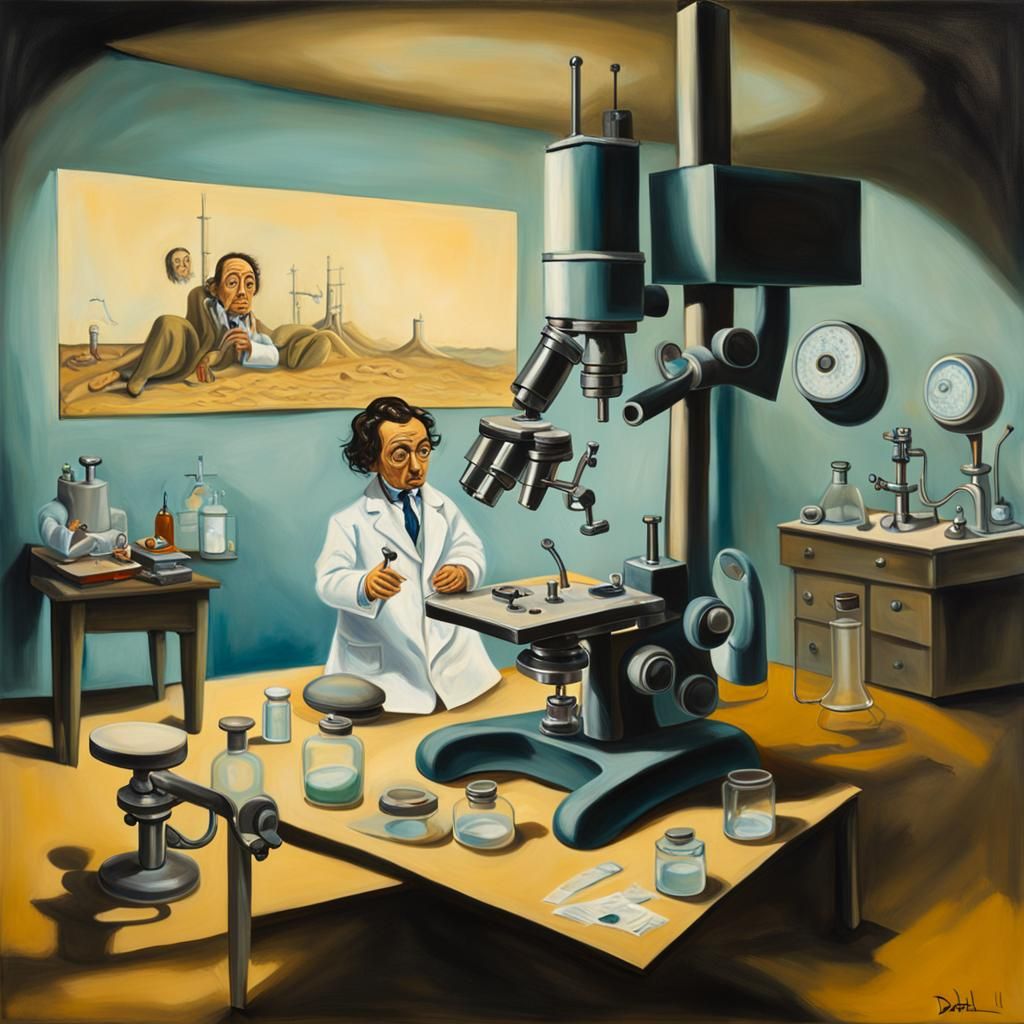 Doll-Sized Scientist Under Microscope: Surreal Oil Painting