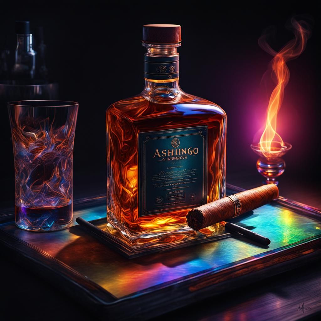 Whisky and Cigar in Dark Room, Astral Illustration