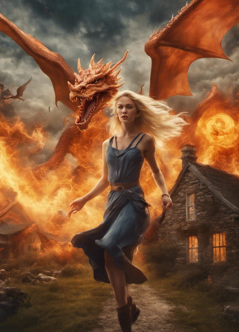 Woman Escapes Dragons in Countryside: Fantasy Art