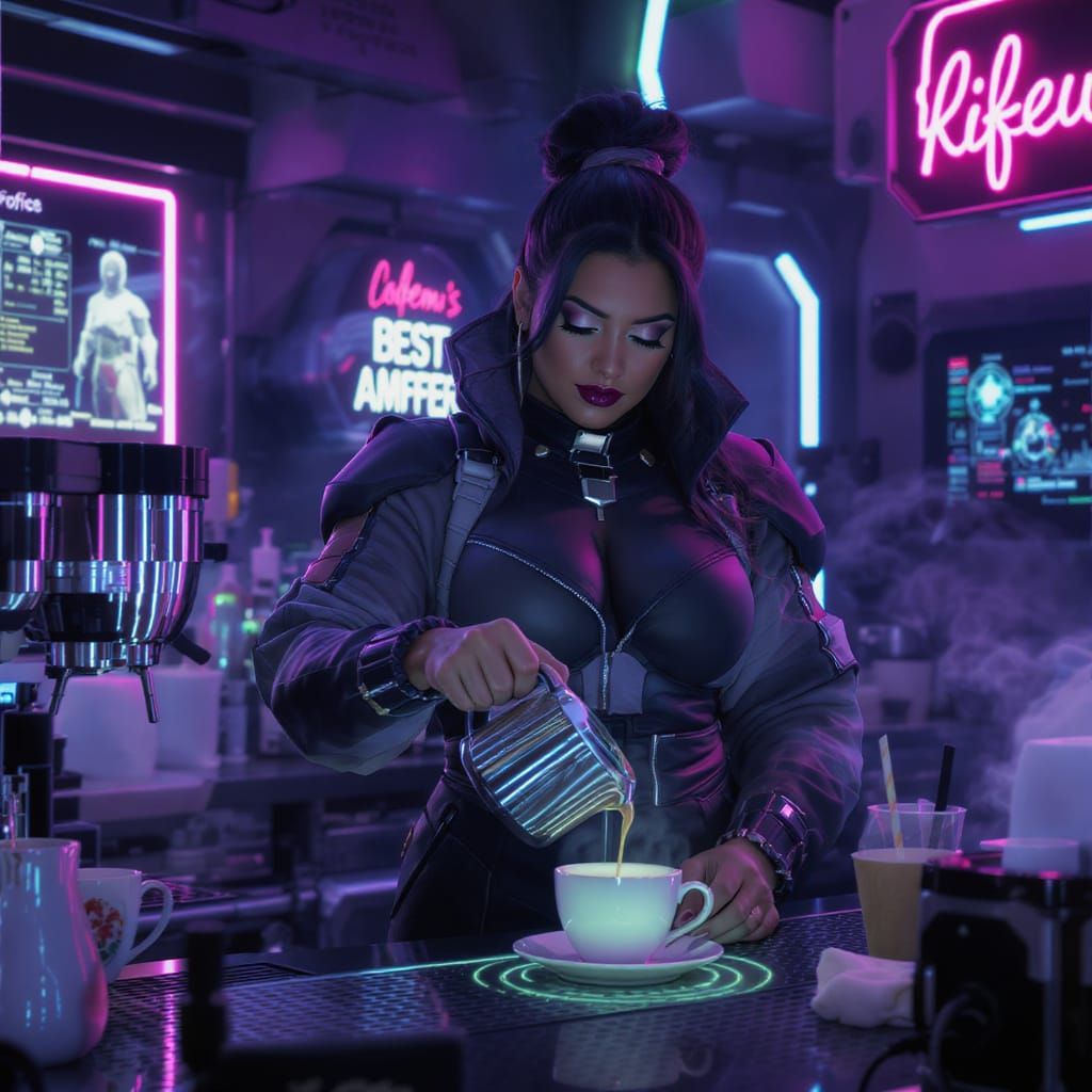 Curvy Woman in Futuristic Cafe, Cyberpunk Style