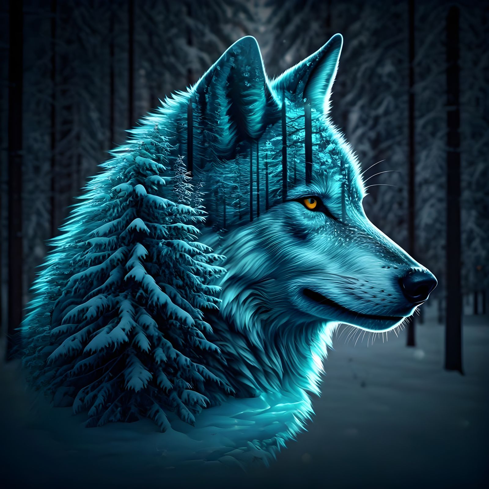 Wolf Silhouette Emerges from Winter Forest in Vibrant Cyan L...