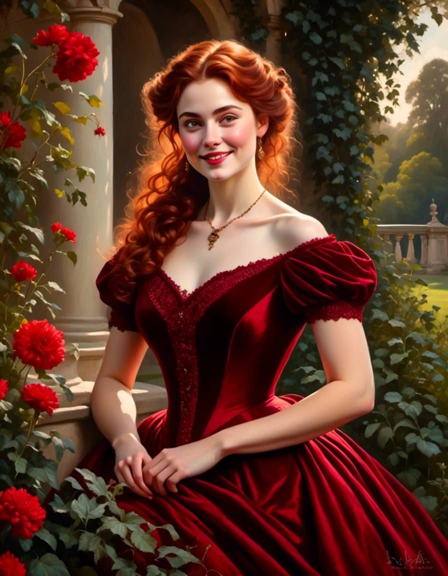 Victorian Woman in Garden with Red Dress