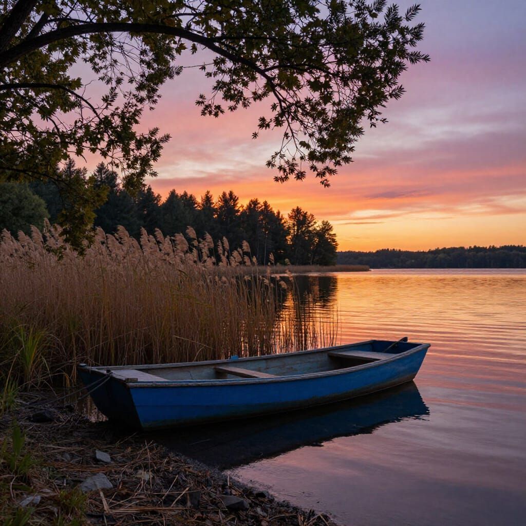 Serene Lakeside Sunset with Weathered Boat