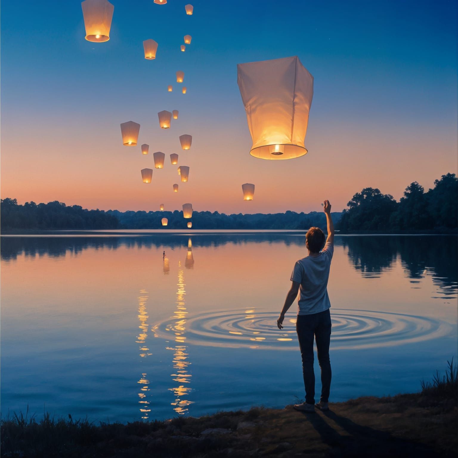 Person Releasing Glowing Lanterns Over Twilight Lake