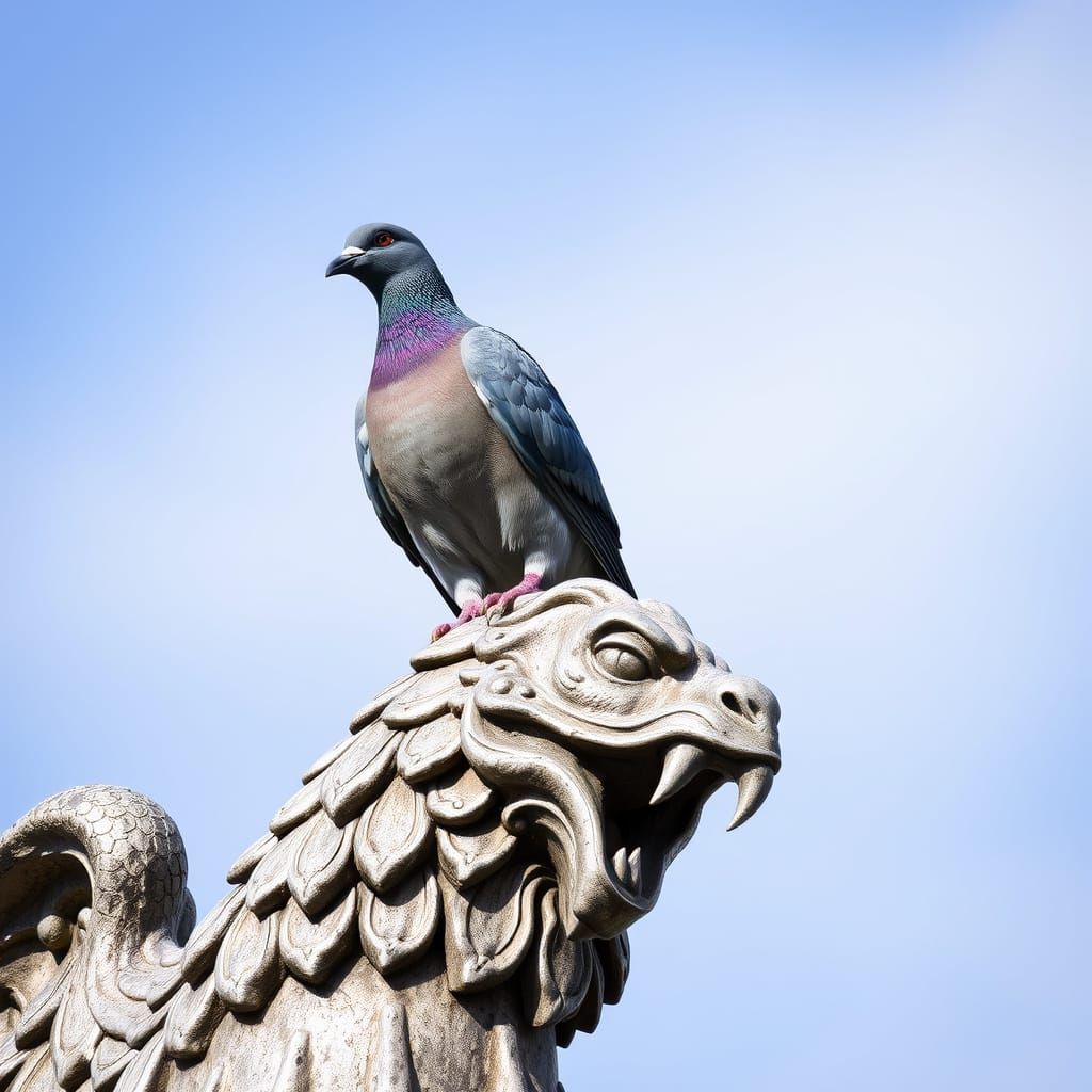 Pigeon on Gargoyle Statue: Detailed Urban Wildlife Photograp...