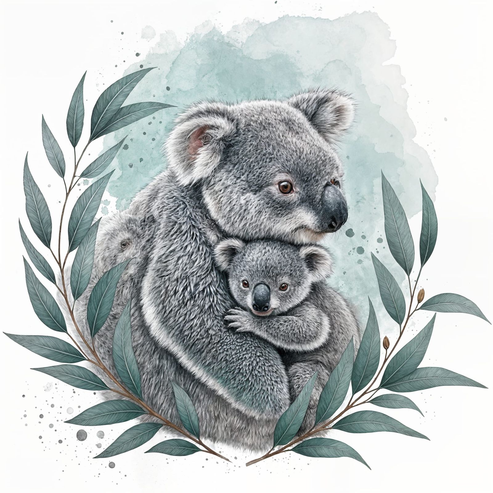 Ink Sketch Portrait of Mother and Baby Koala