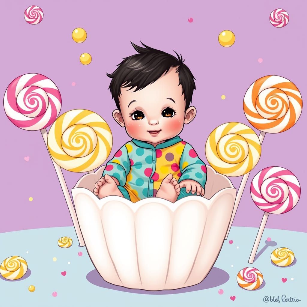 Baby Boy in Cupcake, Chibi-Style Illustration