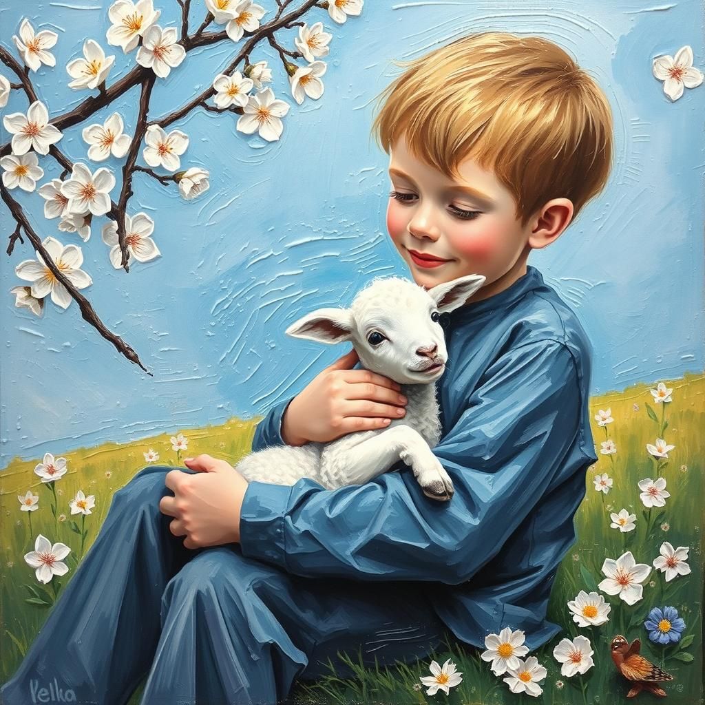 Boy and Lamb in Spring: Neo-Impressionist Impasto Painting