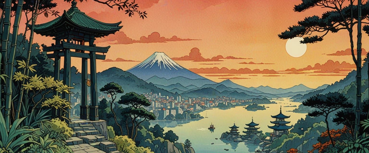 Black Torii Overlooking City with Bamboo Forest in Comic Sty...