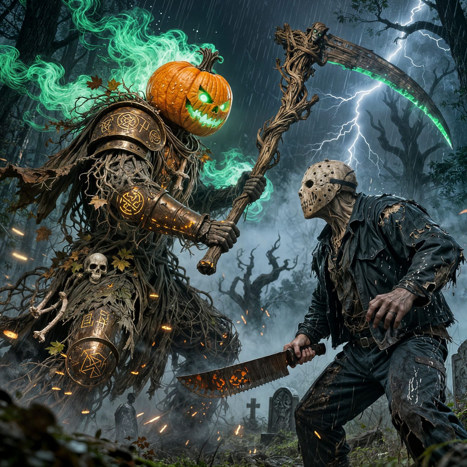Pumpkin Reaper vs Masked Killer in Dark Fantasy Forest