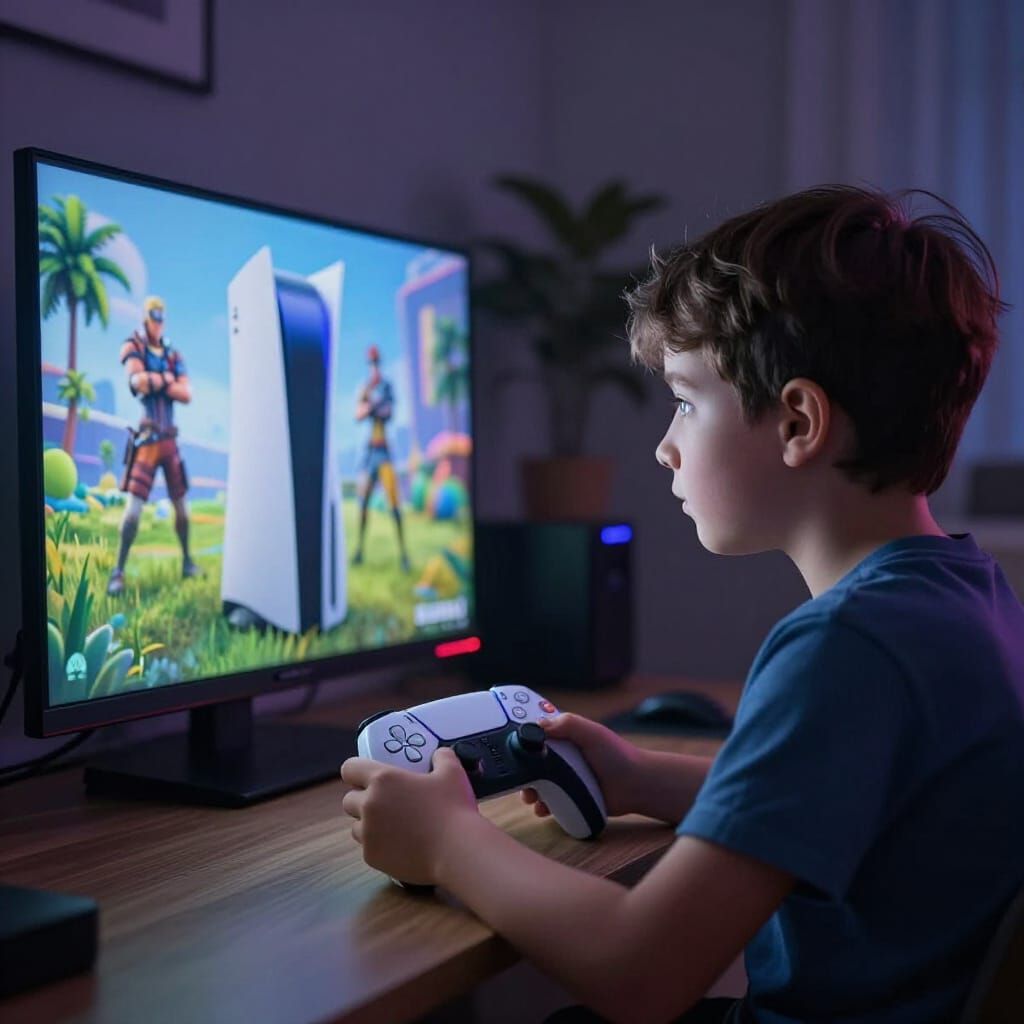 Child Playing Fortnite on PS5, Cinematic Lighting