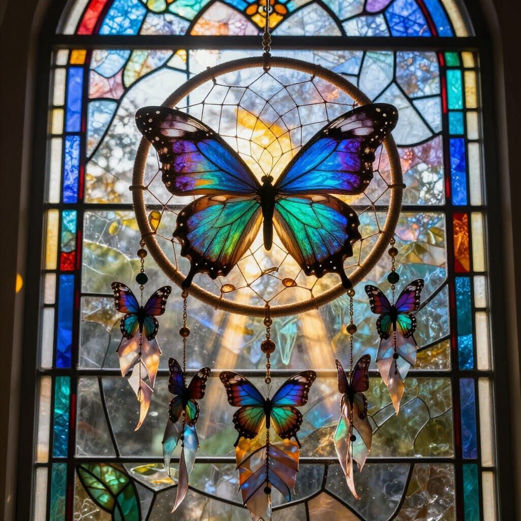 Surreal Dreamcatcher with Butterfly Wings and Stained Glass
