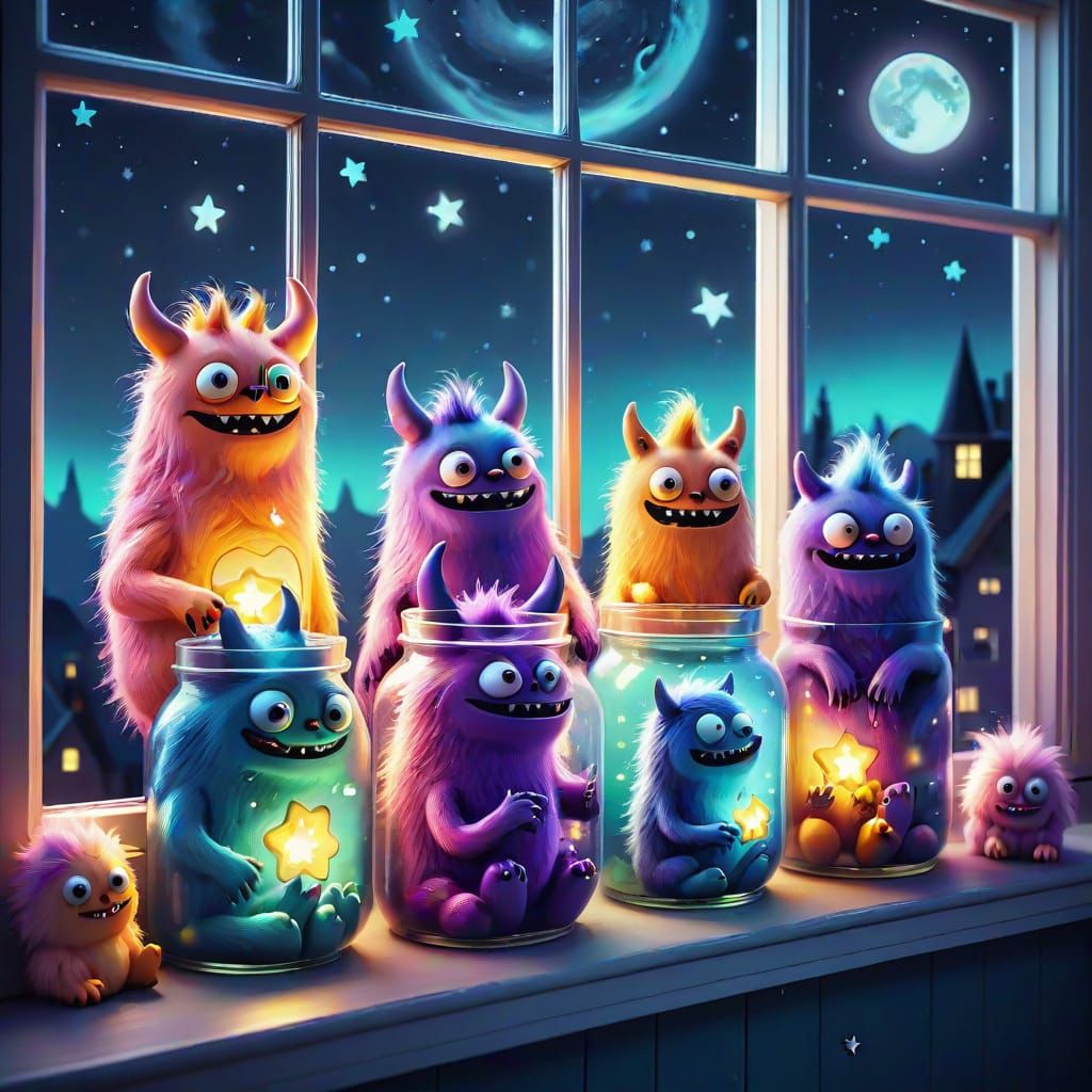 Playful Monsters in Jars: Whimsical Fantasy in Pastel Colors