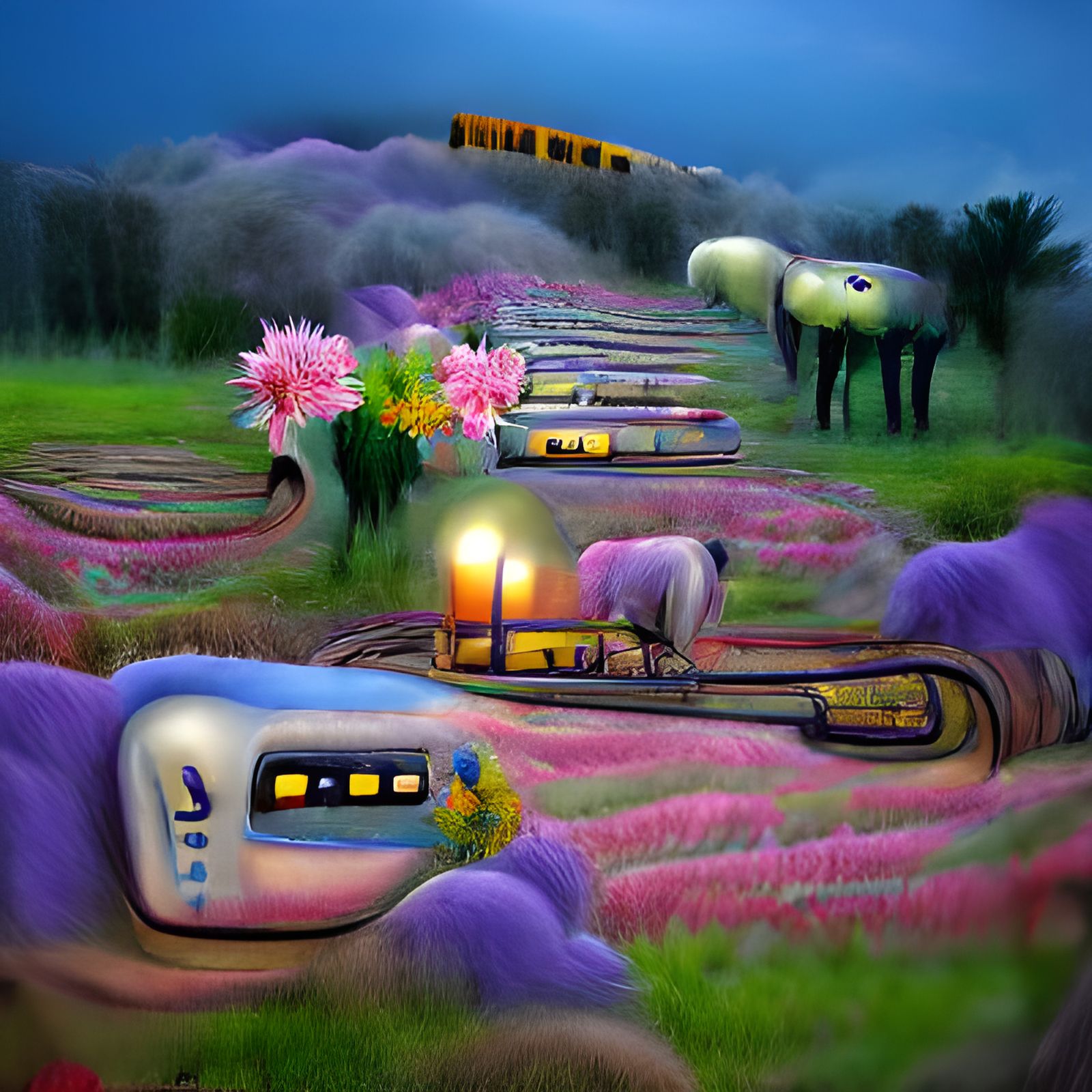 Night Train Through Surreal Pastel Flower Field