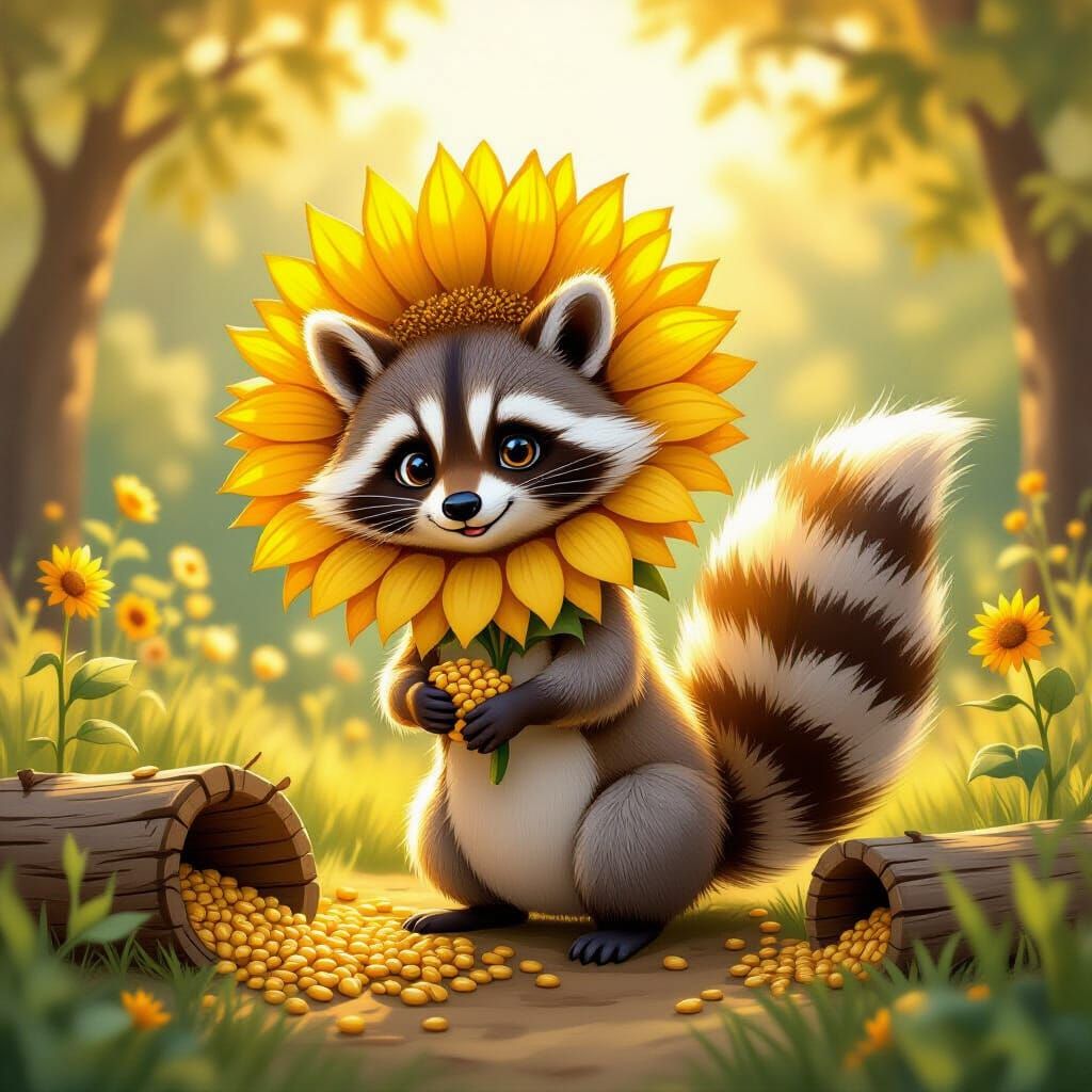 Sunflower Raccoon Hoards Magical Seeds in Golden Light