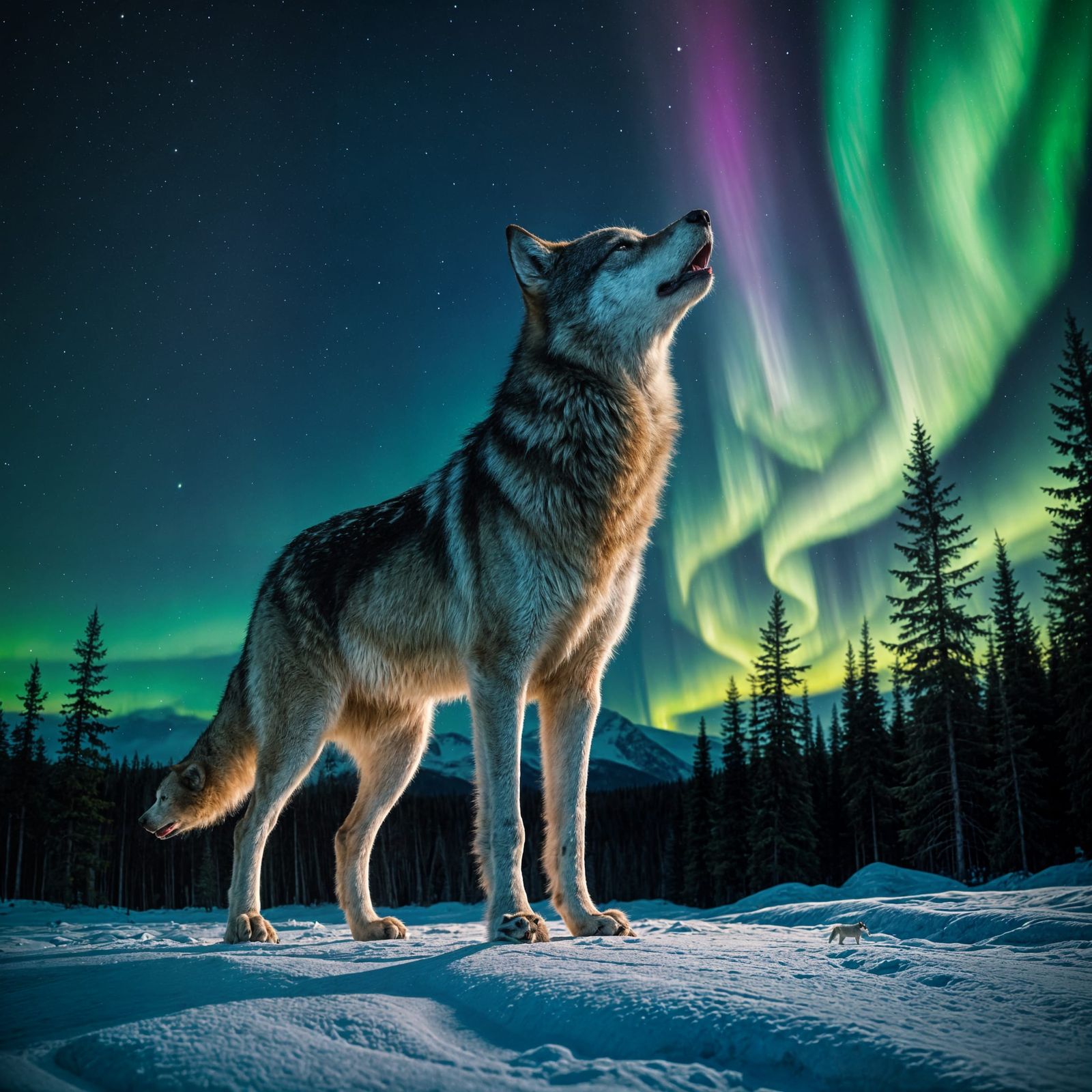 Wolf Howling Under Aurora Borealis at Night