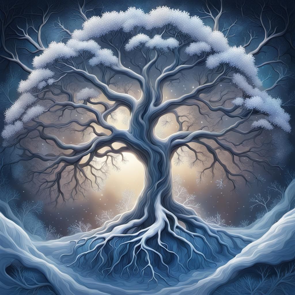 Mystical Tree with Metallic Trunk and Frosted Leaves