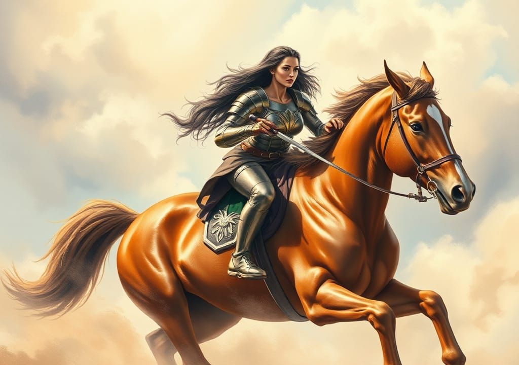 Warrior Woman on Horseback: Dreamy Watercolor Painting