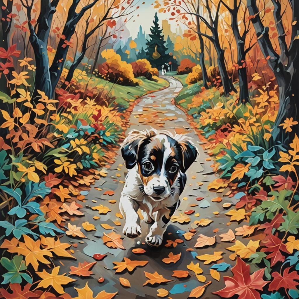 Puppy in Autumn Wonderland: Surreal Gouache Impression