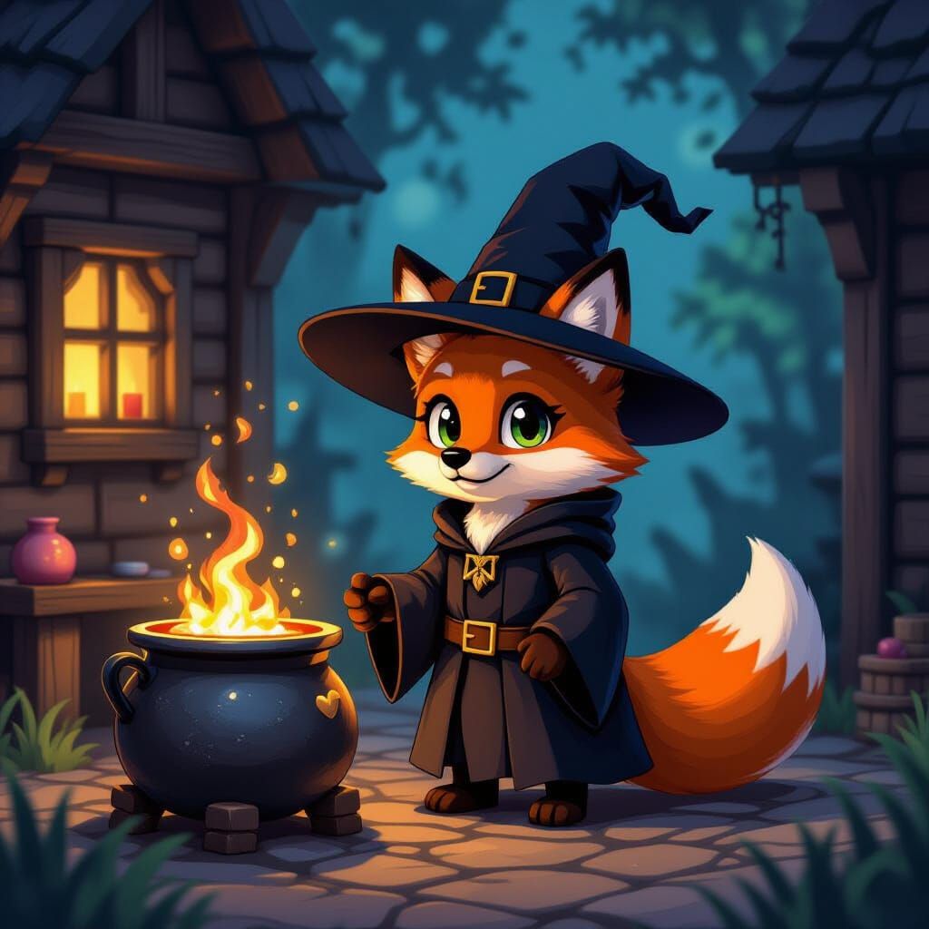 Minecraft Witch Fox in Whimsical Fantasy Style