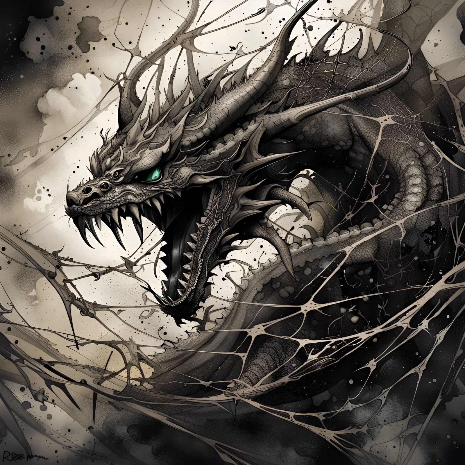 Dragon Entangled in Spiderweb: Sumi Ink Illustration