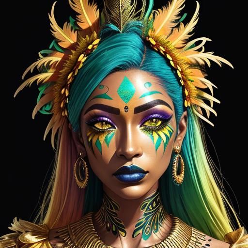 Graffiti Portrait of Woman with Golden Skin and Feathers