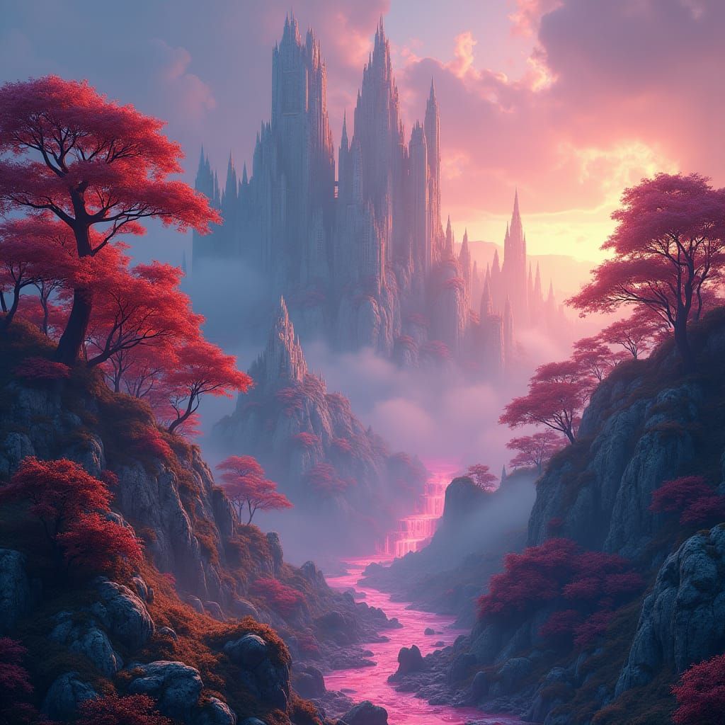 High-Fantasy Landscape with Glowing Trees, Crystalline Archi...