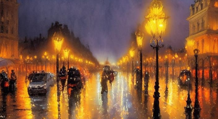 Paris Street at Night in Rain: Impressionistic Watercolor