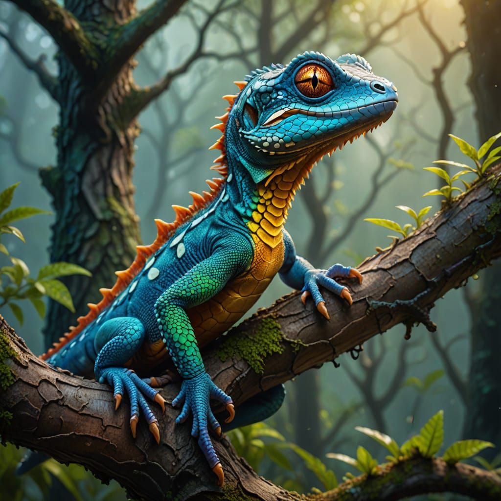 Gecko Dragon on Branch in Fantasy Art