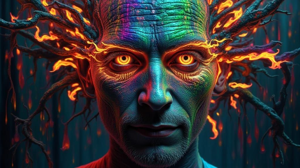 Binary Code Man with Rainbow Flames in Dark Fantasy Style