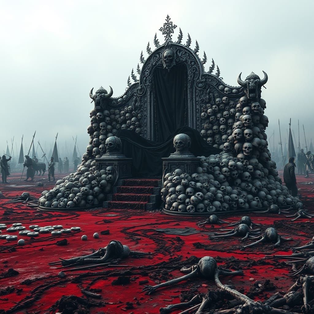 Skull Throne on Crimson Battlefield in Dark Surrealist Style