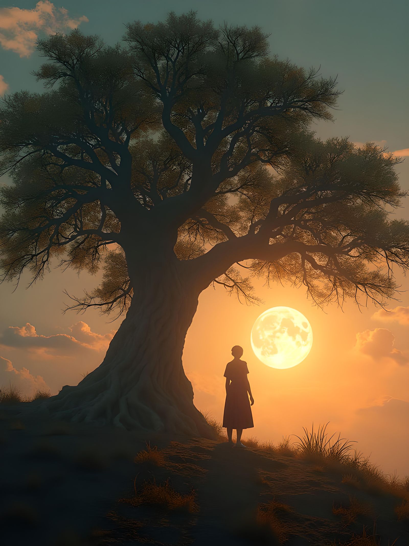 Old Woman and Ancient Tree at Sunrise