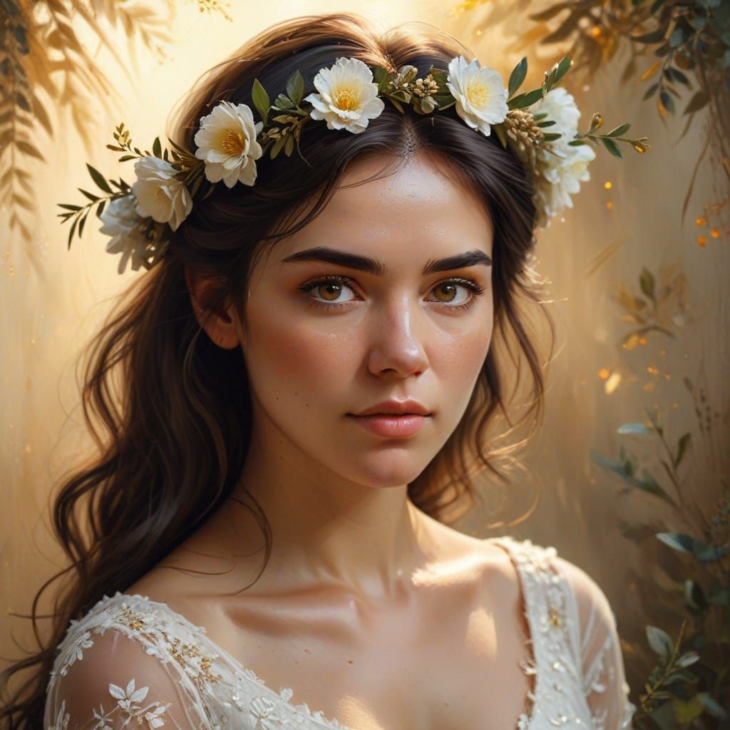 Realistic Portrait of Woman with Flower Wreath