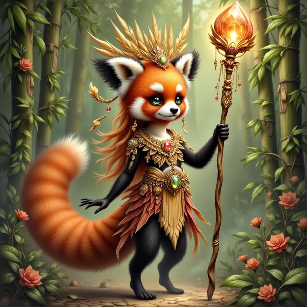 Red Panda Druid with Sunstone Headdress in Bamboo Forest