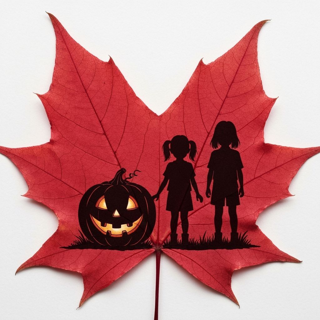 Halloween Pumpkin Engraved on Red Maple Leaf Silhouette
