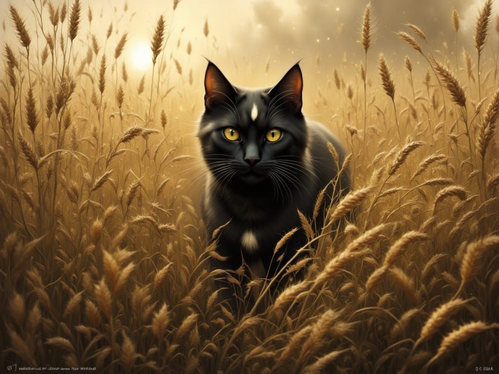 Black Cat Stalks Golden Wheat Field at Dawn