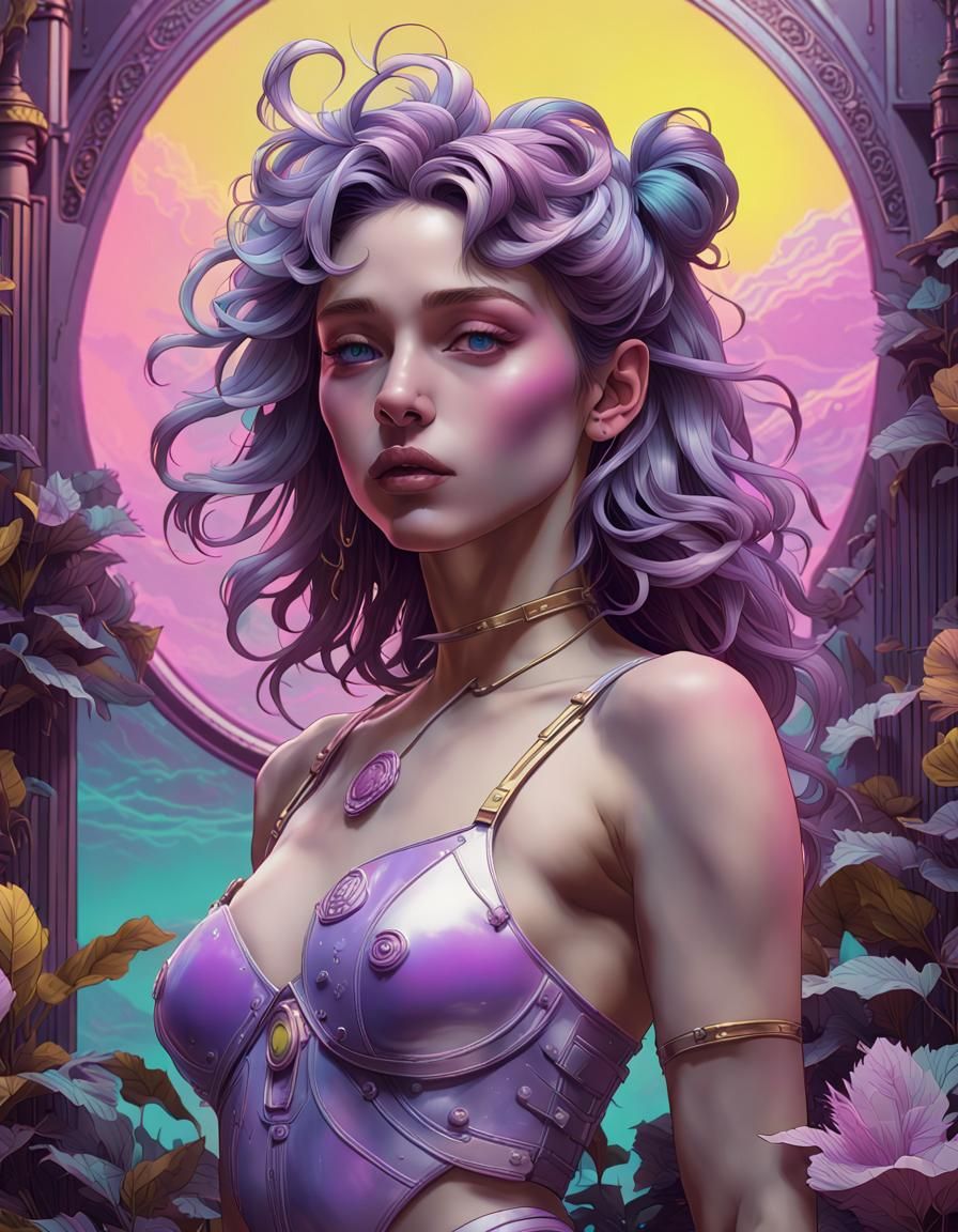 Vaporwave Female Figure in Purple and Yellow