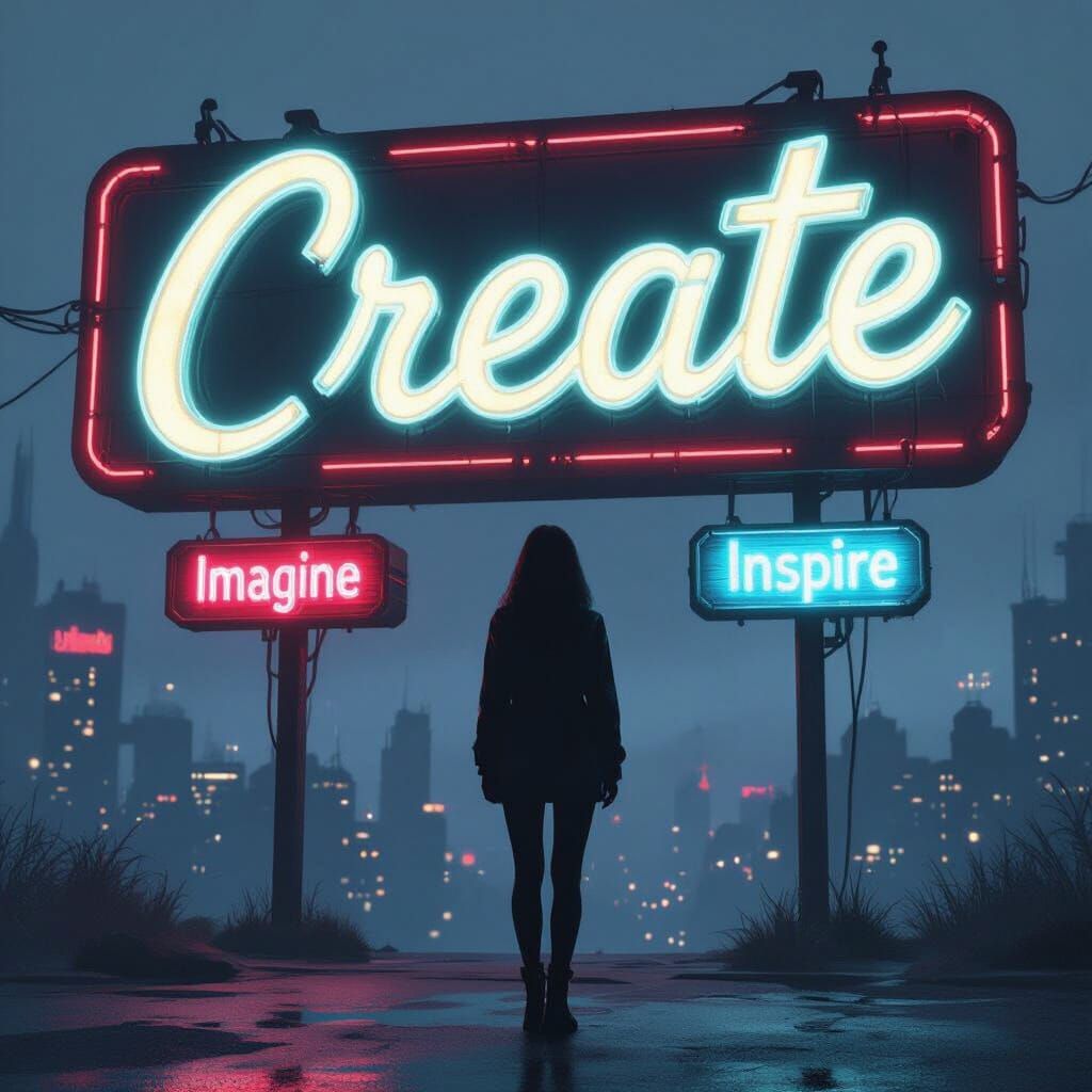 Cyberpunk Woman in Front of Neon 'Create' Sign