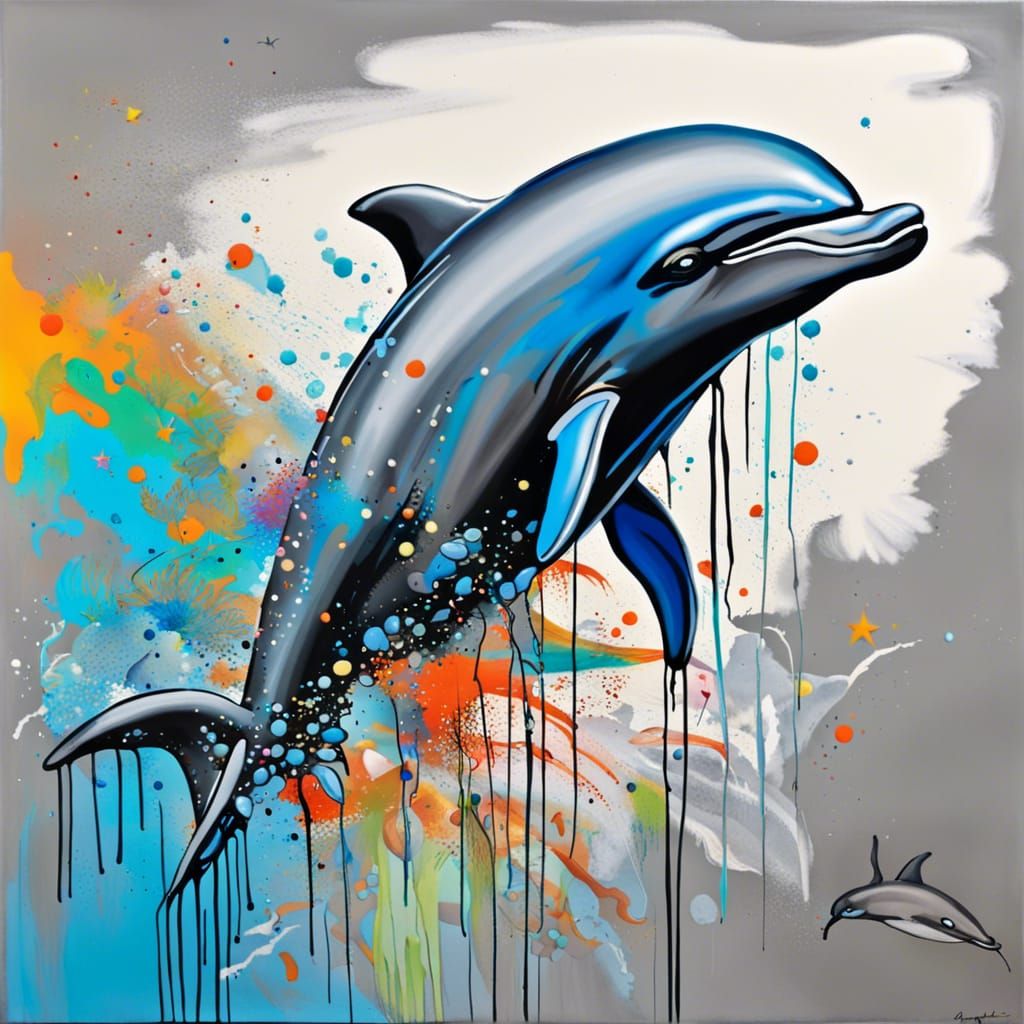 Dolphin Leaps From Sea in Graffiti Art Style