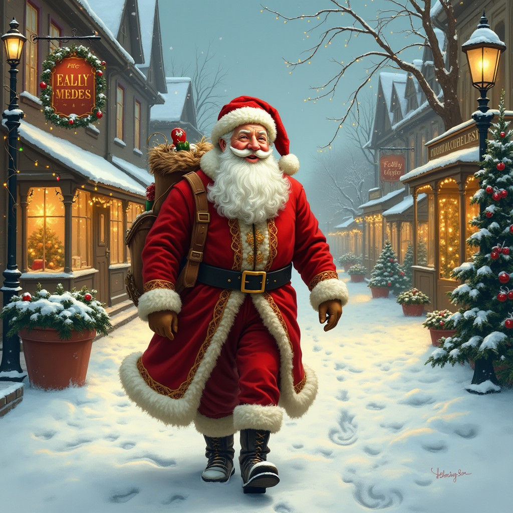 Jolly Santa Claus in a Quaint Town, Rockwell Style