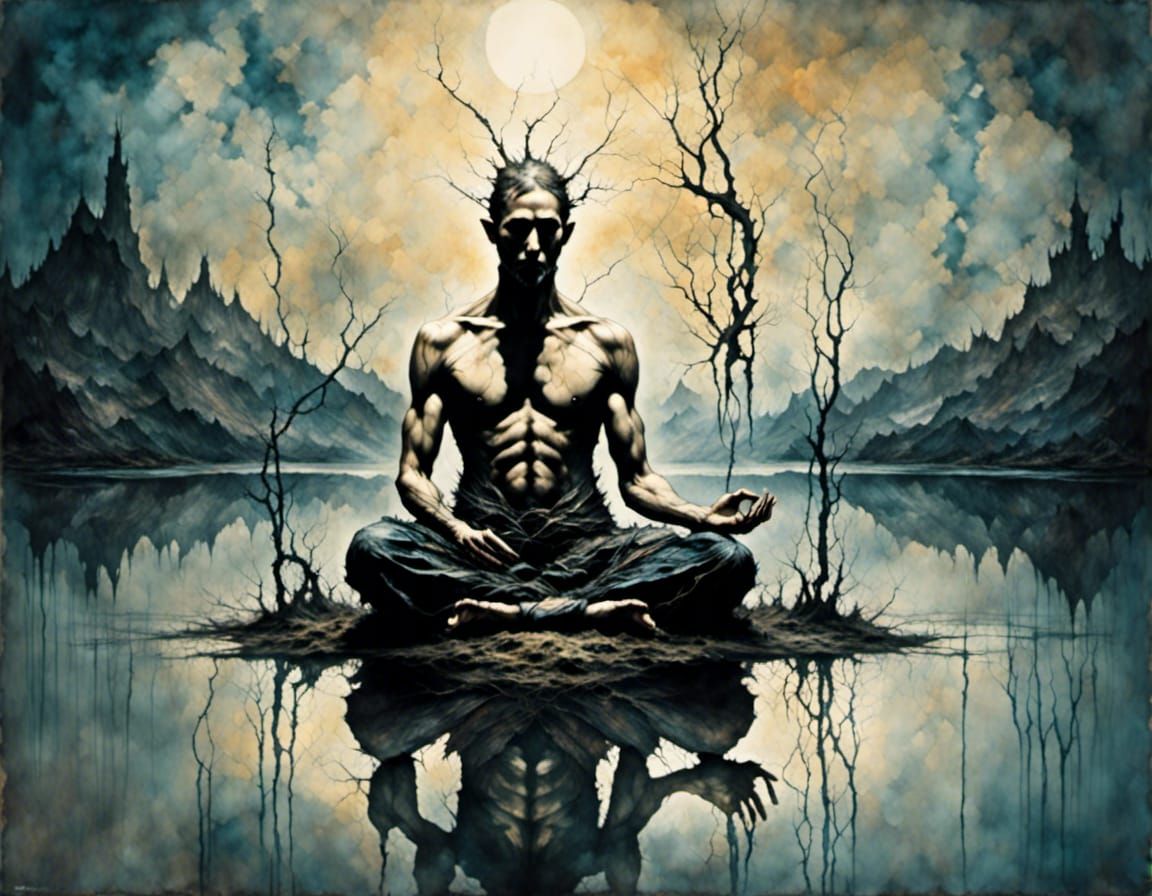 Meditative Man on Lake with Tarot