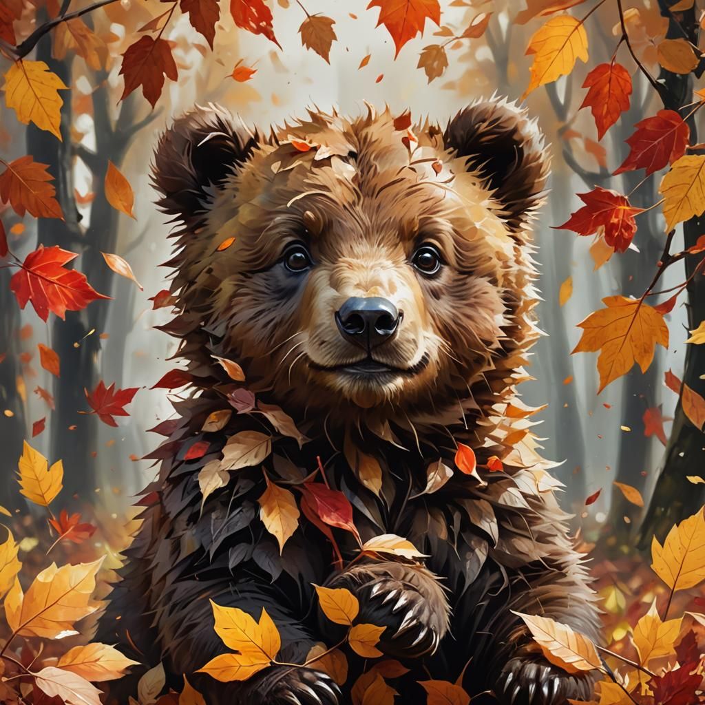 Adorable Fluffy Bear Cub in Autumn Leaves