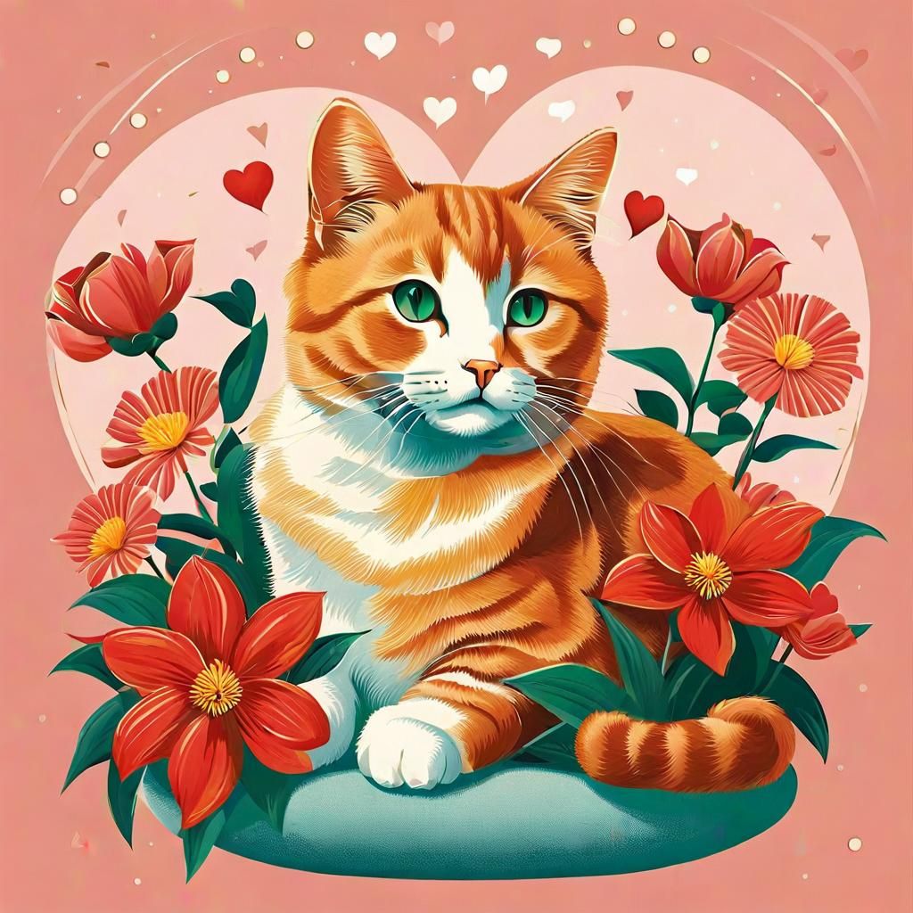 Cat with Flowers in Pin-Up Style