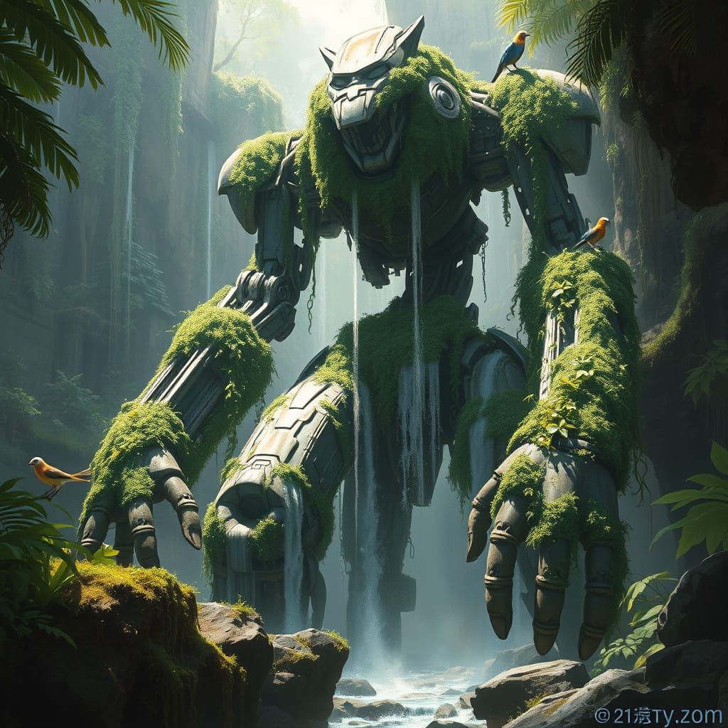 Ancient Jungle Robot Guardian in Serene Temple