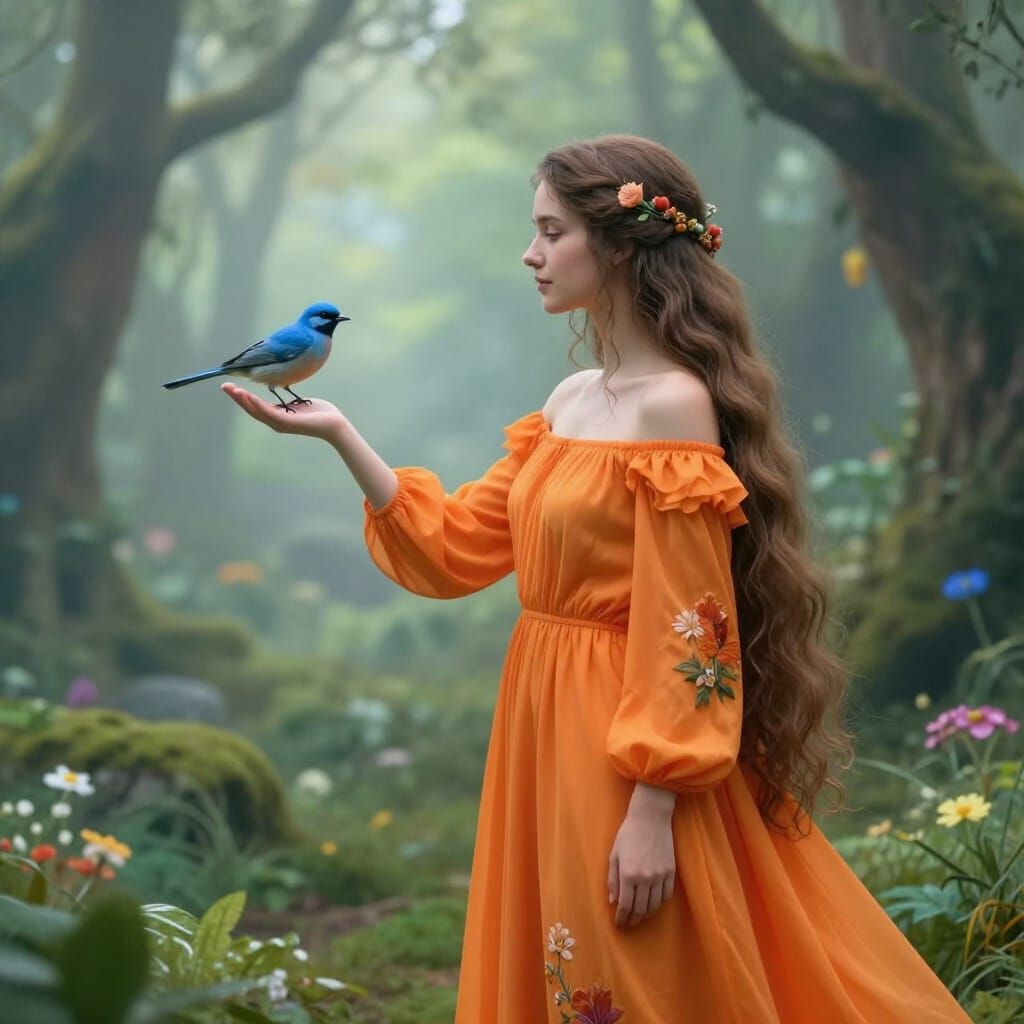 Ethereal Fantasy Lady with Bluebird in Magical Forest