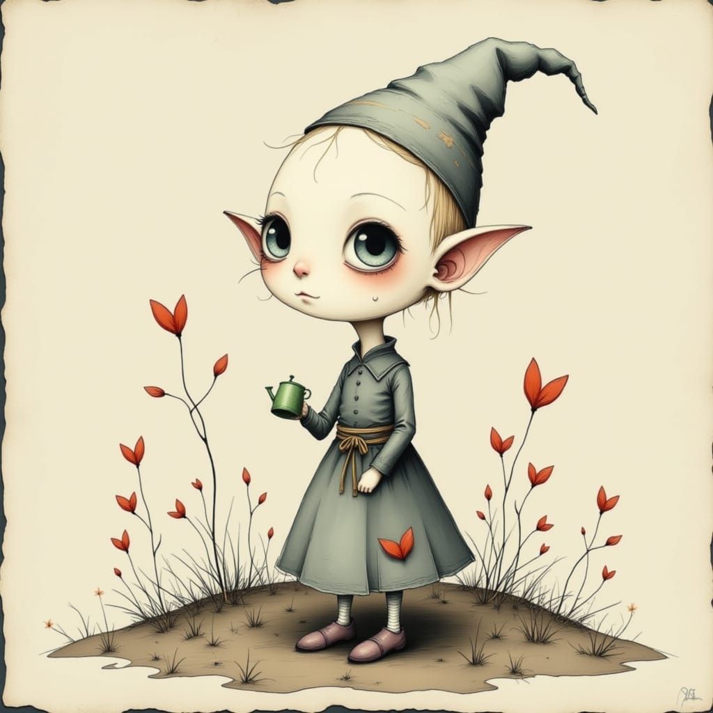 Dobbie Watering Heart Flowers in Surreal Garden