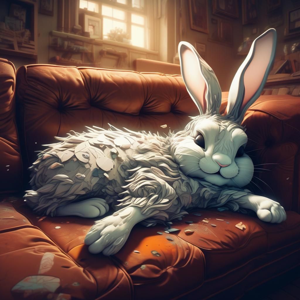 Anime Bunny Asleep on Sofa, Digital Illustration
