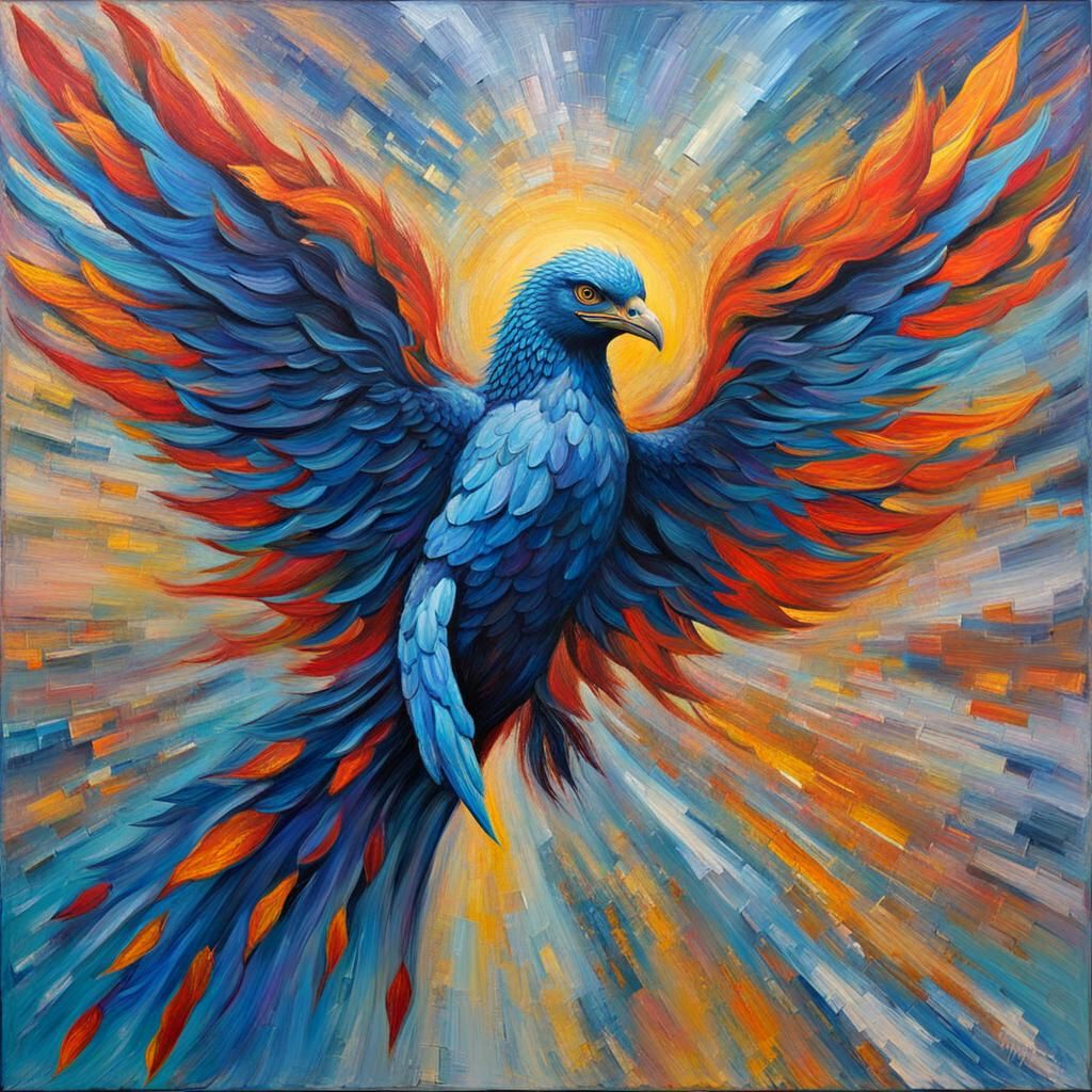Blue Phoenix in Expressionist Oil Painting Style