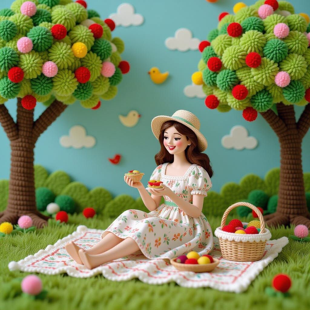 Picnic Beneath Pom Pom Cherry Trees in Whimsical Style