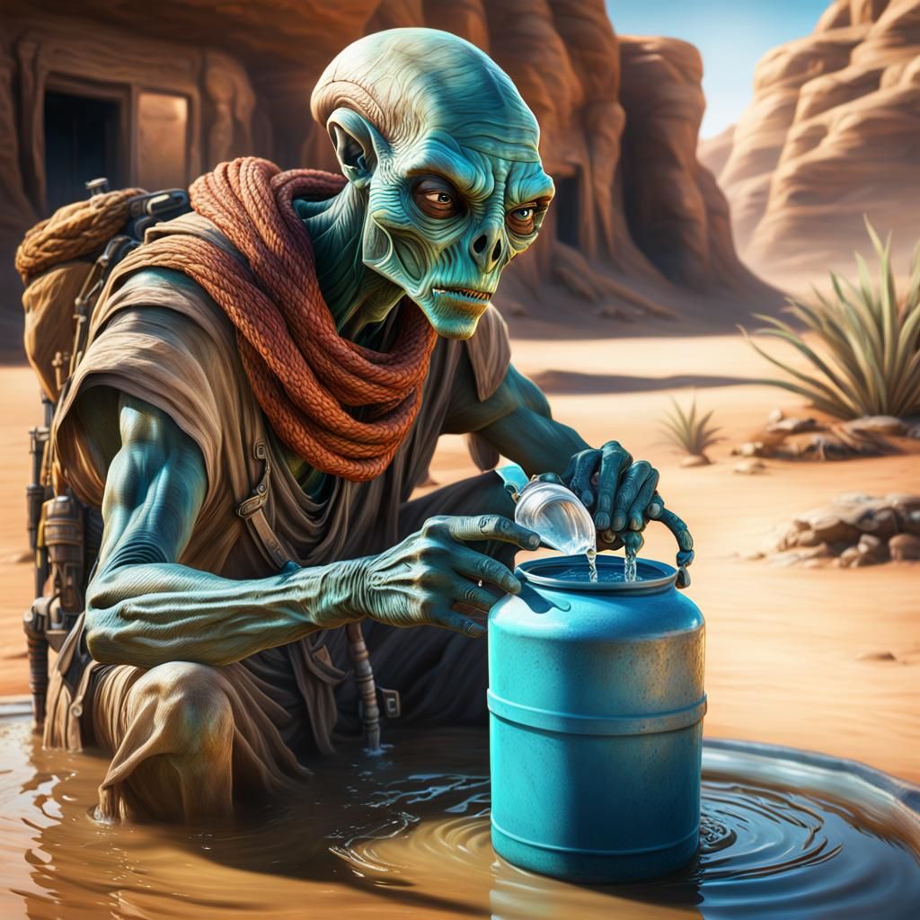 Desert Alien Nomad at Oasis: Cinematic Realism